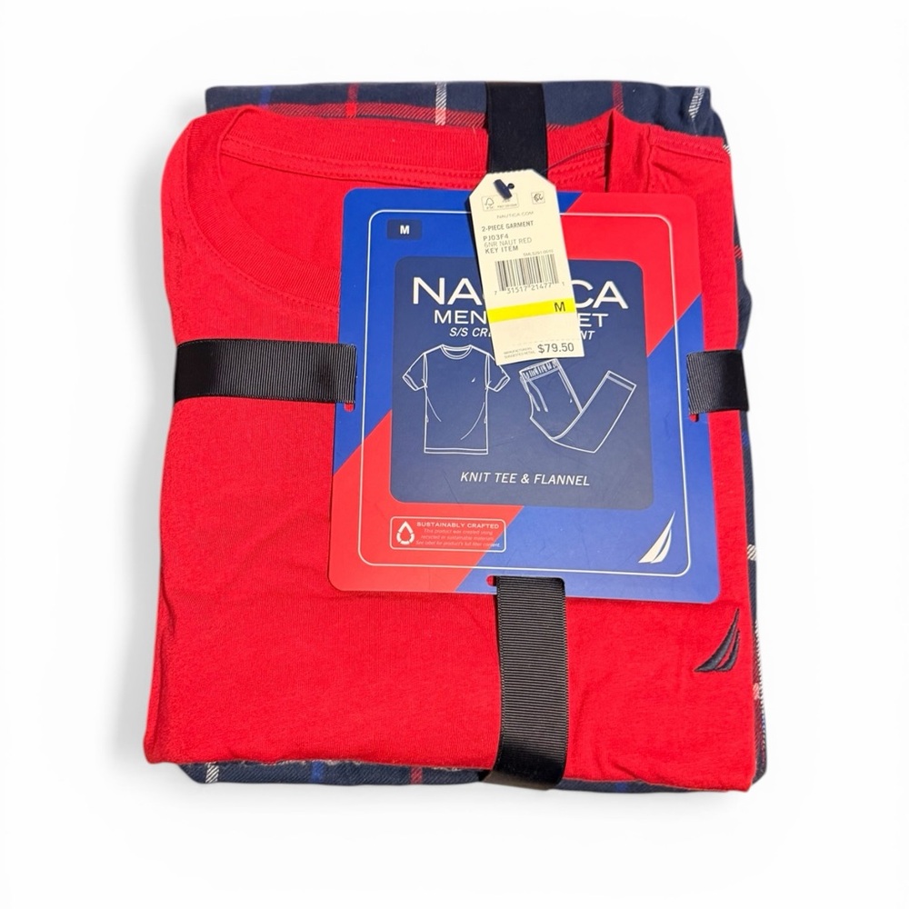 Nautica Red Knit Tee with Navy Plaid Flannel Pajama Set